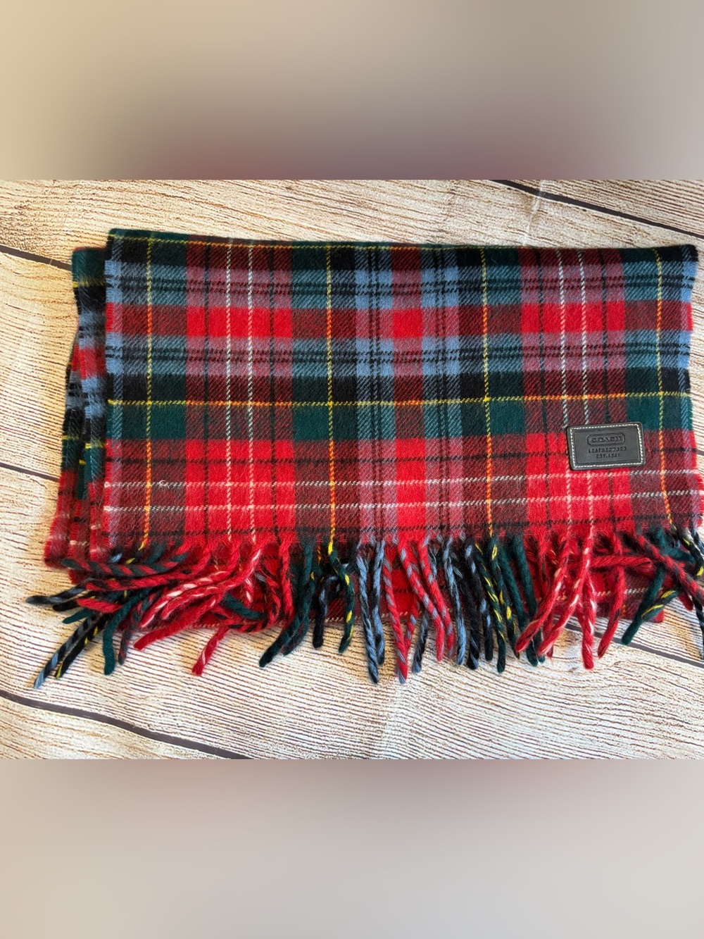 Coach Plaid Merino Wool Angora Twill Rectangle Scarf Fringe Logo Scotland